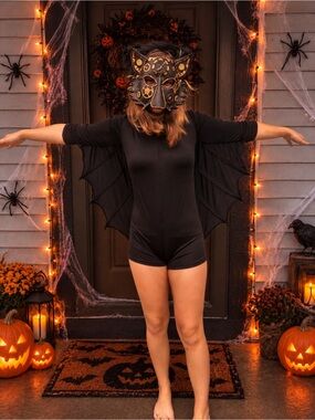 Halloween | Teen Girls Bat Bodysuit Costume and Steampunk Mask | Size 12/14